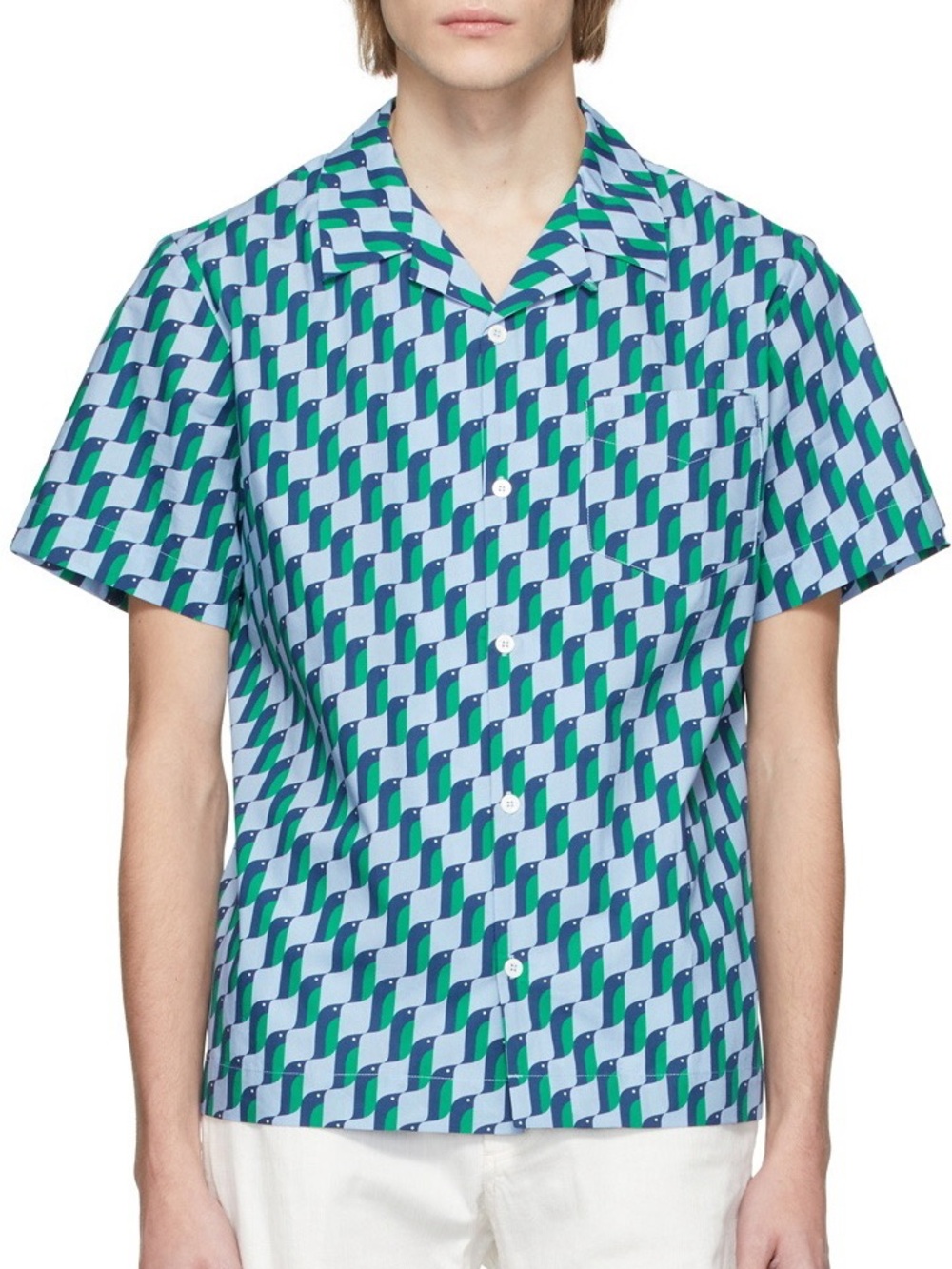 A.P.C. Men’s Penguin Print Short Sleeve Geometric Lloyd Button-Down Shirt Blue M